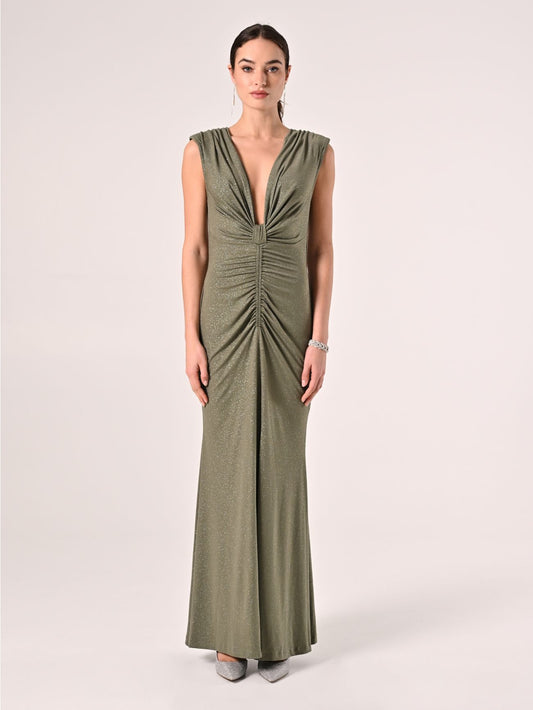 Abito Lungo Verde Militare con Glitter